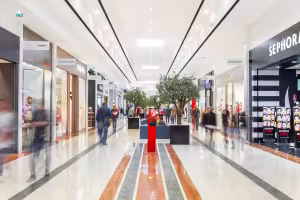 Centre Commercial La Valentine, mail intérieur avec arbres en pots, sol à bandes colorées et boutiques de part et d'autre