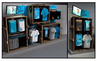Création de Mobilier Gotcha, perspective d'un présentoir en caisses de bois à vêtements bleus et blancs, avec un totem à côté