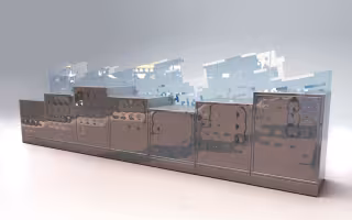 Création de Mobilier Quechua, perspective d'un comptoir en inox étagé surmonté d'une vitre découpée en silhouette de montagnes