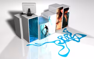 Création de Mobilier Reef, perspective du même comptoir étagé vu de trois quarts, avec son logo bleu au sol