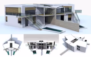 La Caravelle, perspective d'une villa à volumes blancs et bois avec escalier et bassin, vues de variantes en dessous