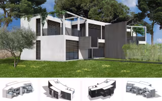 La Caravelle, perspective de la façade sur jardin à volumes blancs et gris, pergola et pins