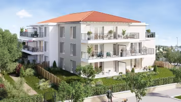 Monte Rocca, perspective d'un immeuble de logements à toit de tuiles, balcons et terrasses plantées