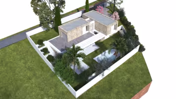 Villa La Ciotat, vue aérienne : maison à toit plat en pierre et enduit blanc, terrasse et piscine dans un jardin clos