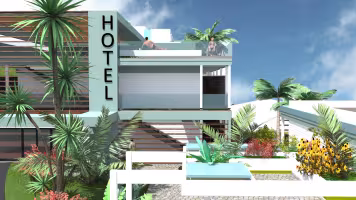 Marina à Baie Mahault, perspective rapprochée de la façade de l'hôtel et de ses terrasses plantées en toiture
