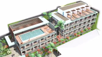 Marina à Baie Mahault, axonométrie d'un hôtel en gradins avec piscine sur le toit, palmiers et balcons