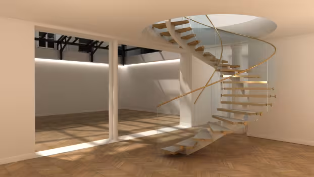 Place des Victoires, perspective d'un escalier hélicoïdal en bois et verre dans un grand volume au parquet en chevrons