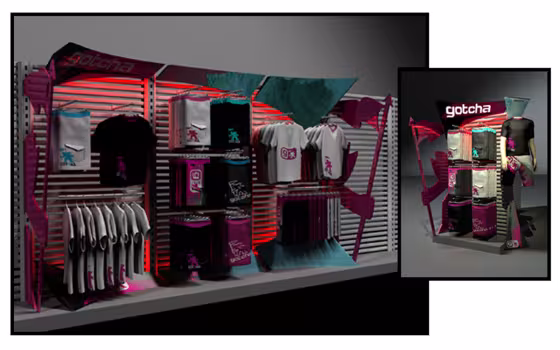 Création de Mobilier Gotcha, perspective d'un présentoir mural à t-shirts sur fond de lames, tons rose et bleu, avec un totem à côté