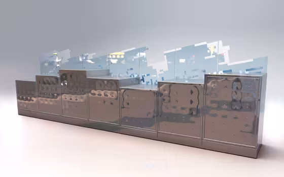 Création de Mobilier Quechua, perspective d'un comptoir en inox étagé surmonté d'une vitre découpée en silhouette de montagnes