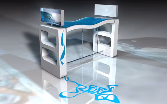 Création de Mobilier Reef, perspective d'un comptoir blanc découpé à plateau ondulé bleu et logo en forme de vague au sol