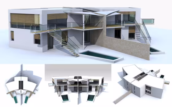 La Caravelle, perspective d'une villa à volumes blancs et bois avec escalier et bassin, vues de variantes en dessous