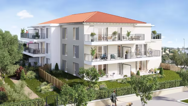 Monte Rocca, perspective d'un immeuble de logements à toit de tuiles, balcons et terrasses plantées