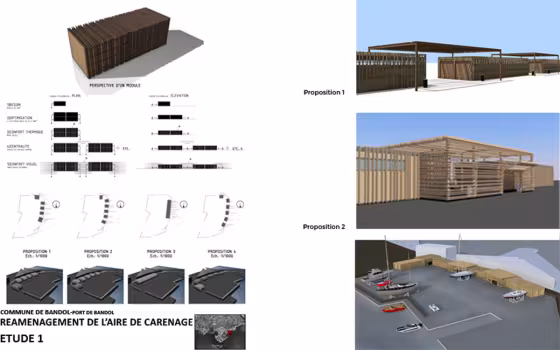 Aire de Carénage Bandol, planche d'études d'une pergola en bois : perspectives et deux propositions d'implantation