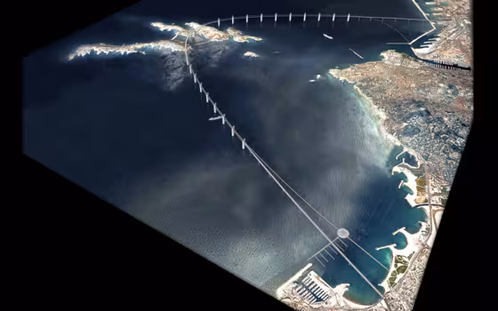 Etude Liaison Arenc - L2, vue satellite oblique d'une baie et de sa côte urbanisée, traversées par un tracé de liaison qui rejoint des îles