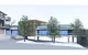 Pouponnière Les Lauriers Roses, perspective de la façade à brise-soleil en bois, arbres au premier plan